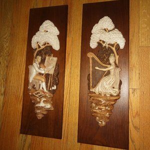 Vintage Girotti Sculptured Art Wall Hanging Plaque Man Painting Women with harp